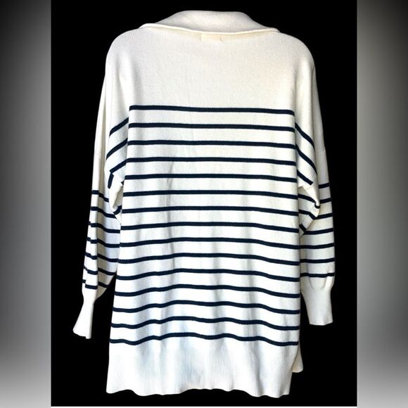 Pink Lily Large Long Sleeve Ivory/Navy Striped Quarter Zip Pullover Super Soft - Picture 3 of 5